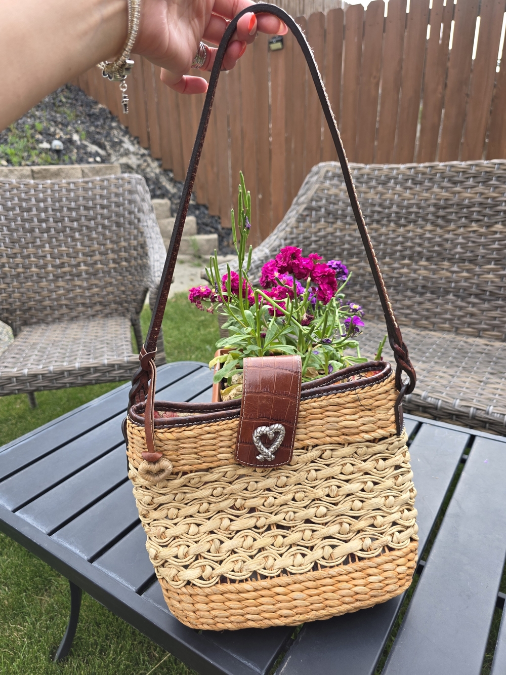 Brighton Woven Straw Shoulder Bag Brown Croc Leather Trim Silver Heart Clasp